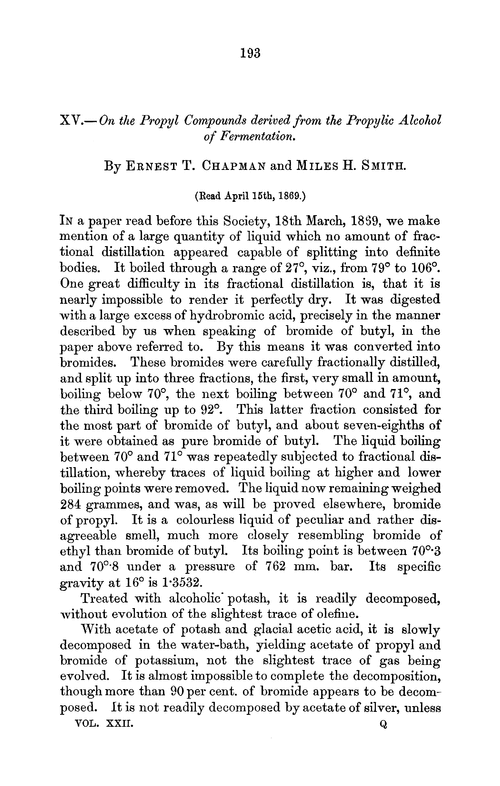 XV.—On the propyl compounds derived from the propylic alcohol of fermentation