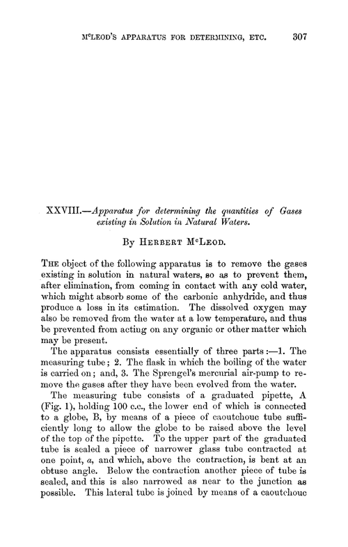 XXVIII.—Apparatus for determining the quantities of gases existing in solution in natural waters