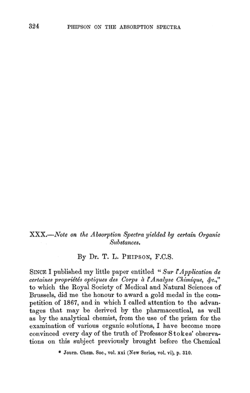 XXX.—Note on the absorption spectra yielded by certain organic substances