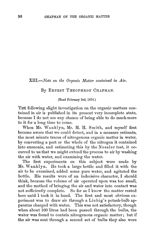 XIII.—Note on the organic matter contained in air