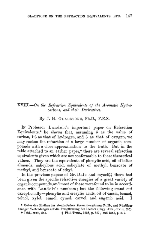 XVIII.—On the refraction equivalents of the aromatic hydrocarbons, and their derivatives