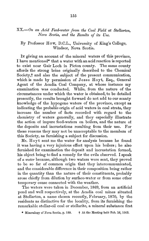 XX.—On an acid feed-water from the coal field at stellarton, Nova Scotia, and the results of its use