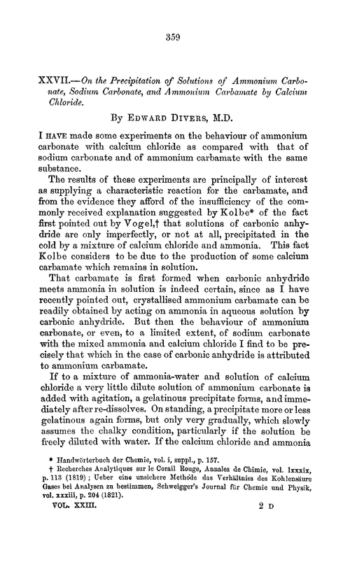 XXVII.—On the precipitation of solutions of ammonium carbonate, sodium carbonate, and ammonium carbamate by calcium chloride