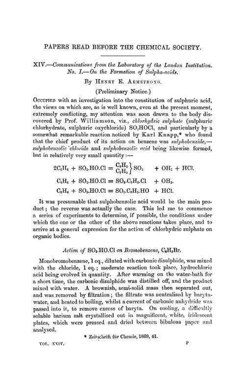 XIV.—Communications from the Laboratory of the London Institution. No. I.—On the formation of sulpho-acids