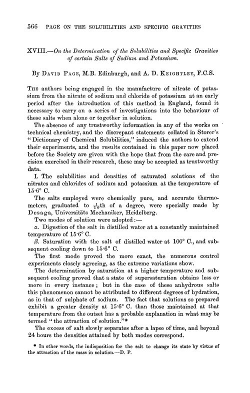 XVIII.—On the determination of the solubilities and specific gravities of certain salts of sodium and potassium