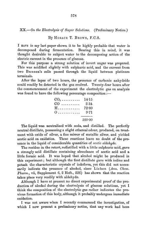 XX.—On the electrolysis of sugar solutions. (Preliminary notice)