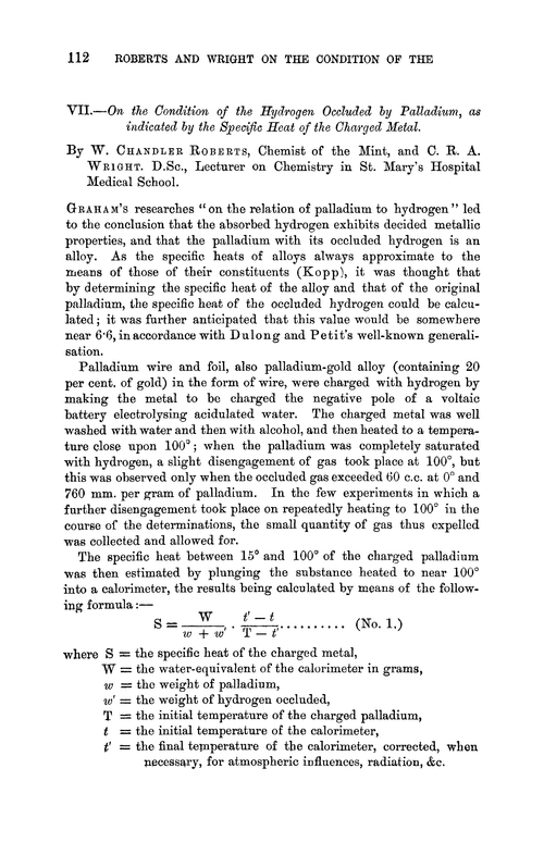 VII.—On the condition of the hydrogen occluded by palladium, as indicated by the specific heat of the charged metal