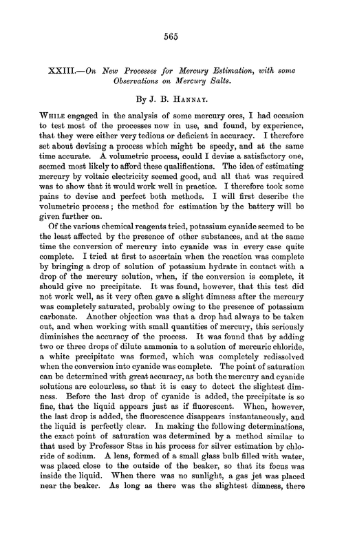 XXIII.—On new processes for mercury estimation, with some observation on mercury salts