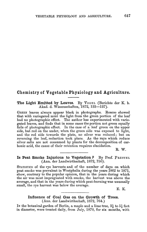 Chemistry of vegetable physiology and agriculture