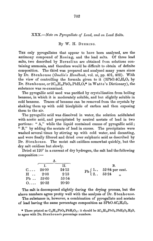 XXX.—Note on pyrogallate of lead, and on lead salts