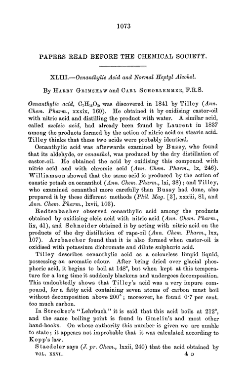 XLIII.—Oenanthylic acid and normal heptyl alcohol