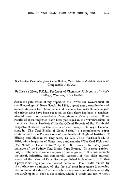 XVI.—On two coals from Cape Breton, their cokes and ashes, with some comparative analyses