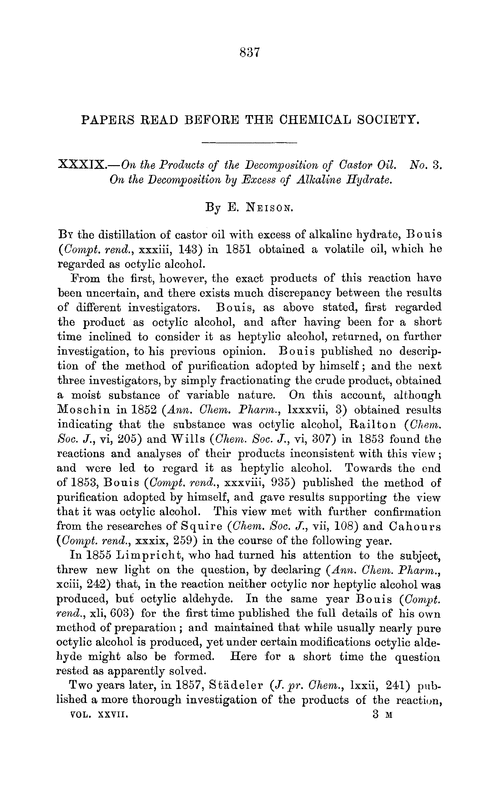 XXXIX.—On the products of the decomposition of castor oil. No. 3. On the decomposition by excess of alkaline hydrate
