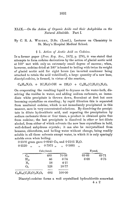 XLIX.—On the action of organic acids and their anhydrides on the natural alkaloïds. Part I