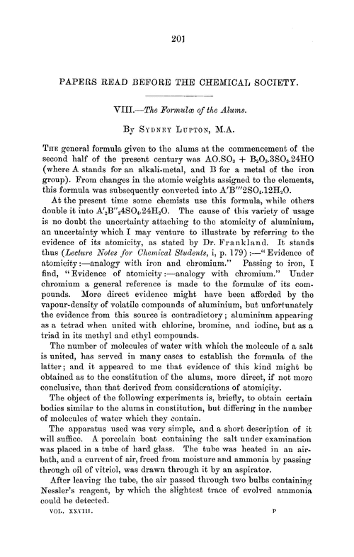 VIII.—The formulæ of the alums