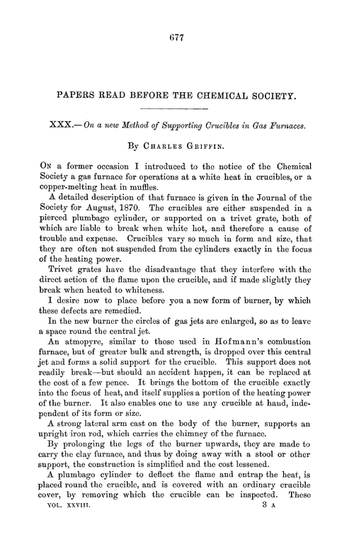XXX.—On a new method of supporting crucibles in gas furnaces