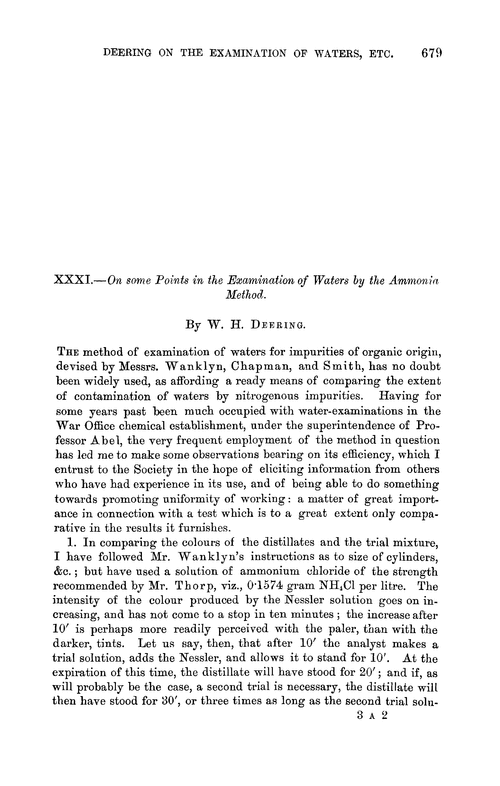 XXXI.—On some points in the examination of waters by the ammonia method