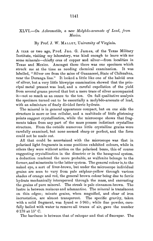XLVI.—On achrematite, a new molybdo-arsenate of lead, from Mexico