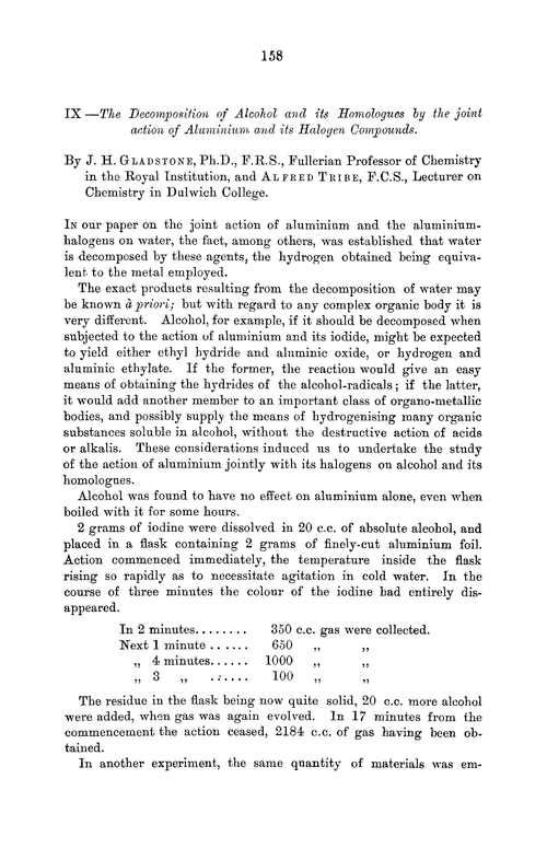 IX.—The decomposition of alcohol and its homologues by the joint action of aluminium and its halogen compounds