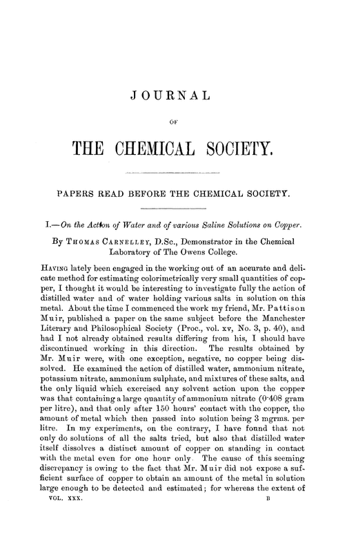 I.—On the action of water and of various saline solutions on copper