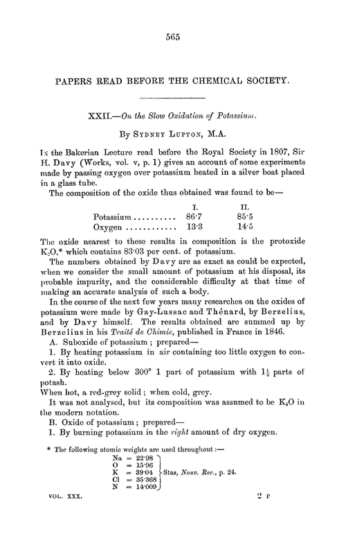 XXII.—On the slow oxidation of potassium