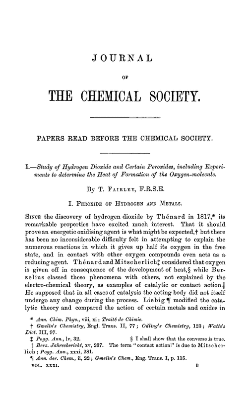 I.—Study of hydrogen dioxide and certain peroxides, including experiment to determine the heat of formation of the oxygen-molecule