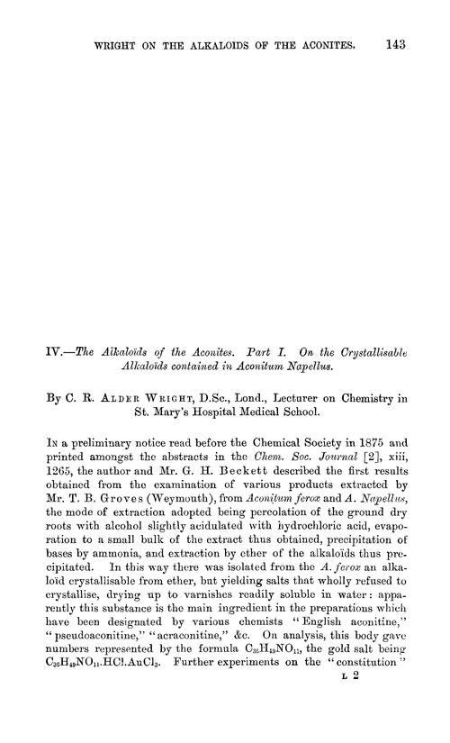 IV.—The alkaloids of the aconites. Part I. On the crystallisable alkaloïds contained in Aconitum napellus
