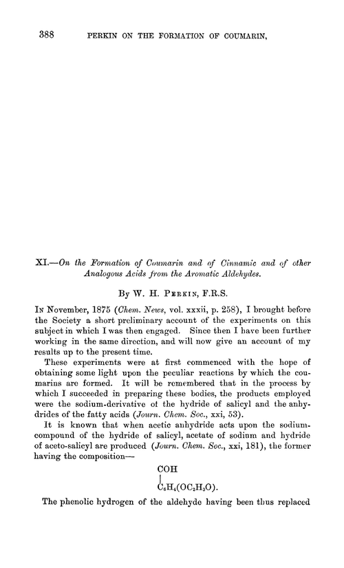 XI.—On the formation of coumarin and of cinnamic and of other analogous acids from the aromatic aldehydes