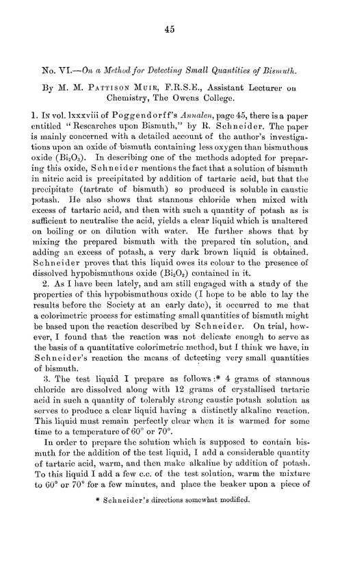 No. VI.—On a method for detecting small quantities of bismuth