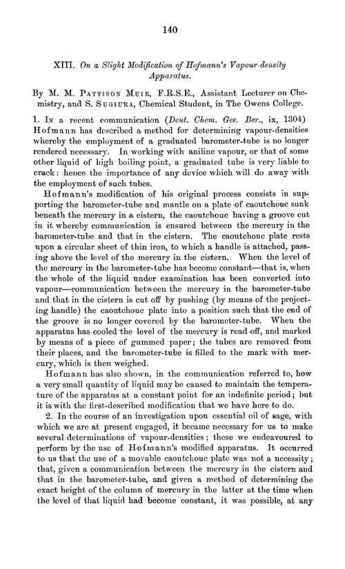 XIII. On a slight modification of Hofmann's vapour-density apparatus