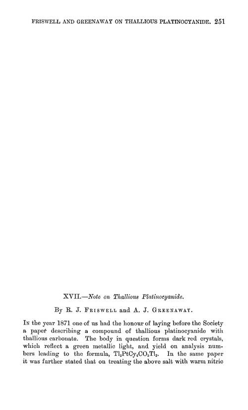 XVII.—Note on thallious platinocyanide