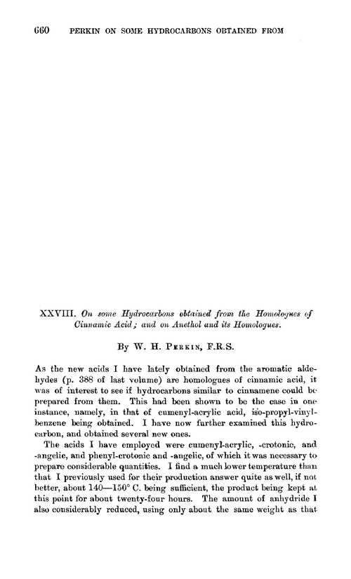 XXVIII.—On some hydrocarbons obtained from the homologues of cinnamic acid; and on anethol and its homologues
