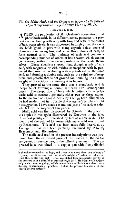 IV. On malic acid, and the changes undergone by its salts at high temperatures