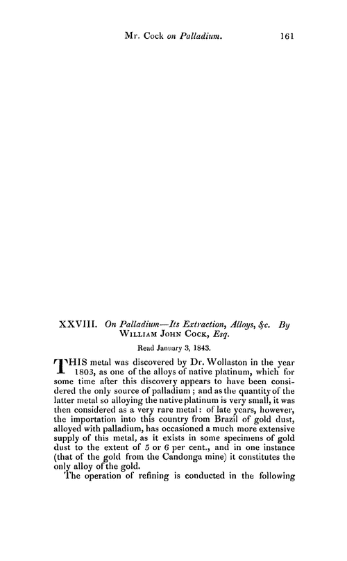 XXVIII. On palladium—its extraction, Alloys, &c