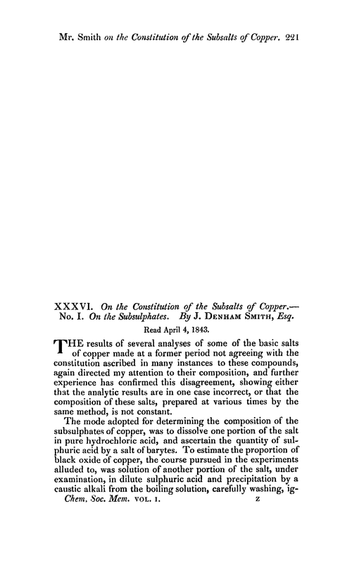 XXXVI. On the constitution of the subsalts of copper.—No. I. On the subsulphates