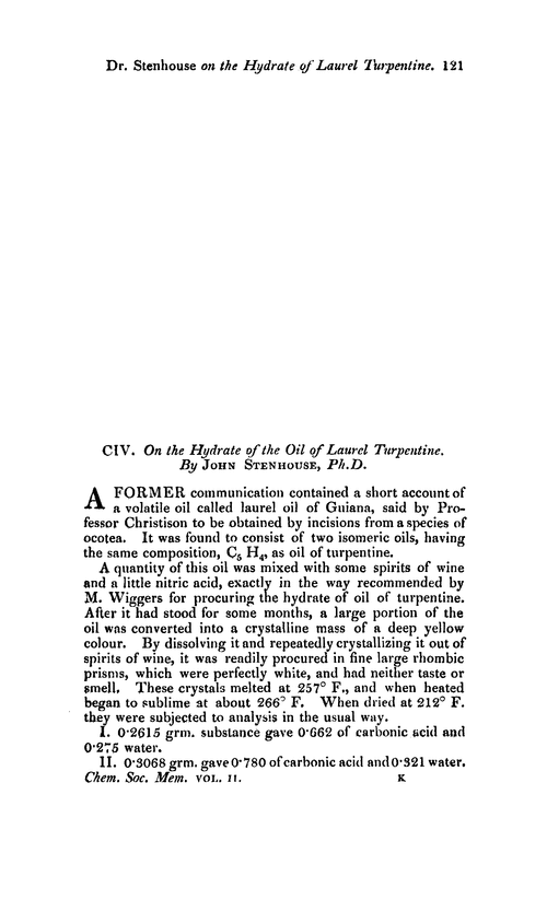 CIV. On the hydrate of the oil of laurel turpentine