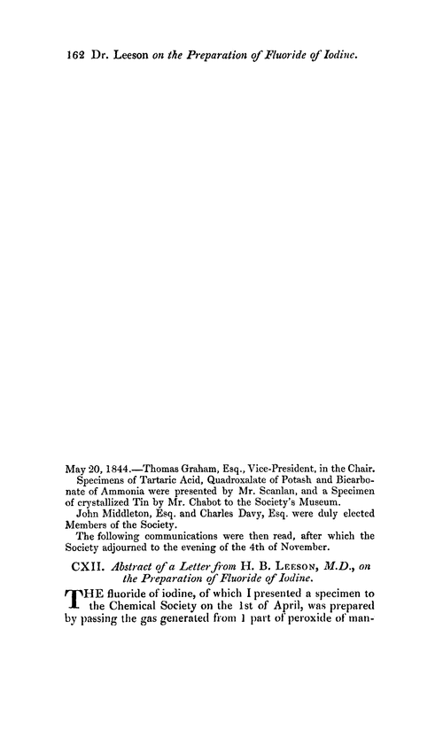 CXII. Abstract of a letter from H. B. Leeson, M.D., on the preparation of fluoride of iodine