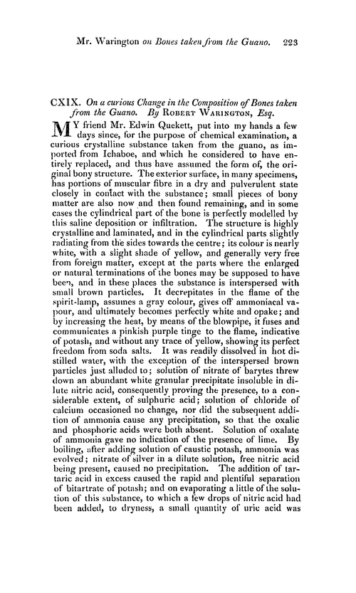 CXIX. On a curious change in the composition of bones taken from the guano