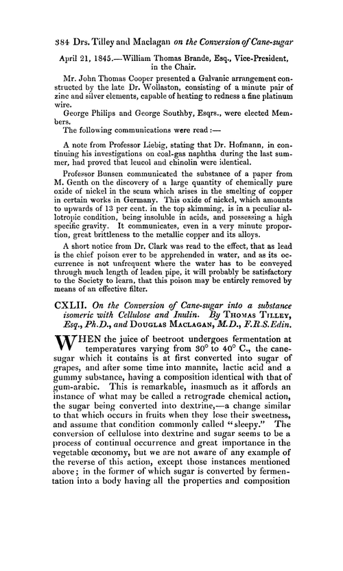 CXLII. On the conversion of cane-sugar into a substance isomeric with cellulose and inulin