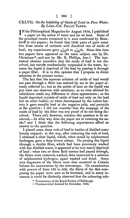 CXLVII. On the solubility of oxide of lead in pure water