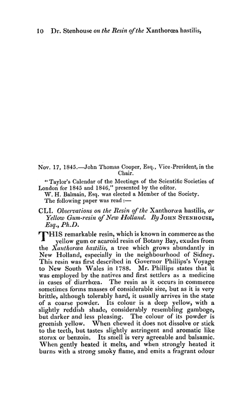 CLI. Observations on the resin of the Xanthoræa hastilis, or yellow gum-resin of new holland