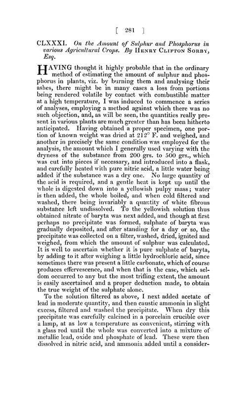 CLXXXI. On the amount of sulphur and phosphorus in various agricultural crops