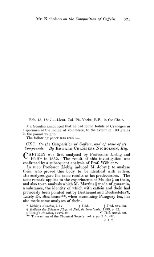 CXC. On the composition of caffein, and of some of its compounds