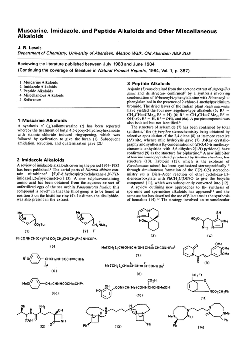 Muscarine, imidazole, and peptide alkaloids and other miscellaneous alkaloids