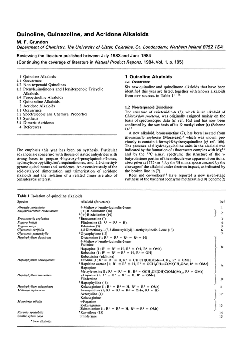 Quinoline, quinazoline, and acridone alkaloids