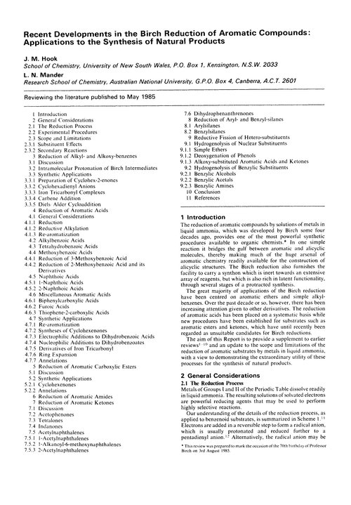 Recent developments in the Birch reduction of aromatic compounds: applications to the synthesis of natural products