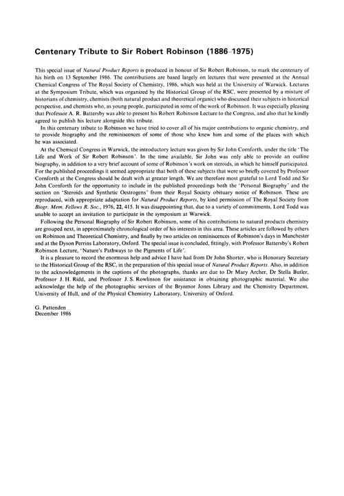 Centenary tribute to Sir Robert Robinson (1886–1975)