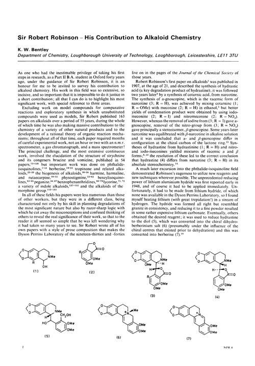 Sir Robert Robinson – his contribution to alkaloid chemistry