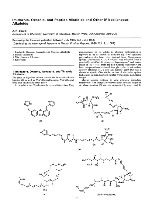 Imidazole, oxazole, and peptide alkaloids and other miscellaneous alkaloids