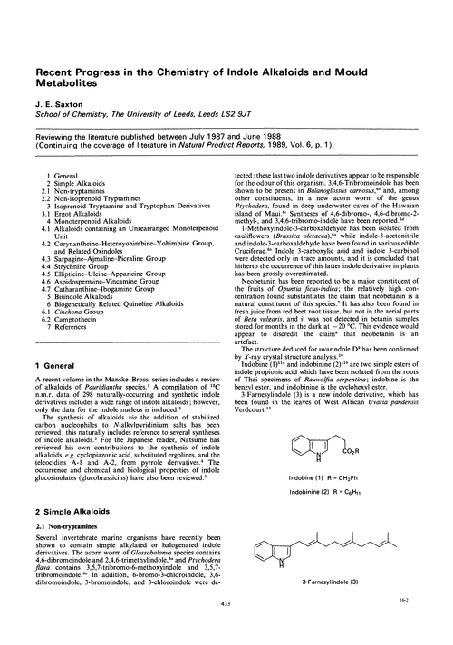 Recent progress in the chemistry of indole alkaloids and mould metabolites